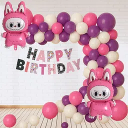 giftella Solid Labubu Foil Balloon with Printed Birthday Banner and Purple, Pink & White Balloon-picture-16