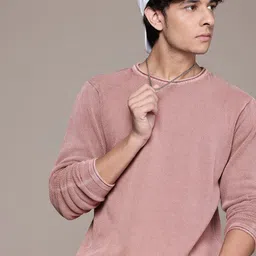 roadster Men Self Design Round Neck Pink Sweater-picture-26