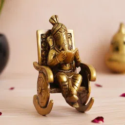 ecraftindia Lord Ganesha On Chair Golden Brass Handcrafted Idol image 2