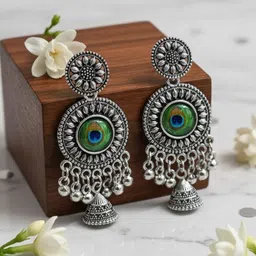 Oxidized Peacock Jhumka Earrings Silver Stud Earring-image-74