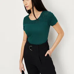 max Women Printed Round Neck Pure Cotton Green T-Shirt image 1
