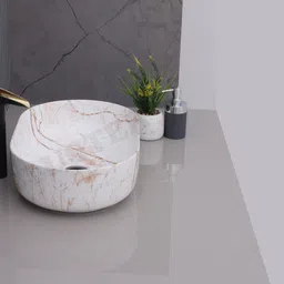 cluster Designer Matt Finish Over Counter Wash Basin For Bathroom, Hotel & Restaurants | Oblong Shaped (550 x 350 x 145 mm) | Glossy White And Brown Scraches Table Top Basin image 3