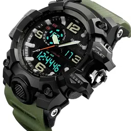 eco dleuxe Men’s Analog–Digital Sports Watch | Dual Time | 50M Waterproof Analog-Digital Watch - For Men Shock Resistant | Green Silicone Strap image 2