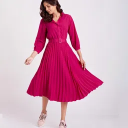 flowervelly Women Pleated Pink Midi/Calf Length Dress-picture-45