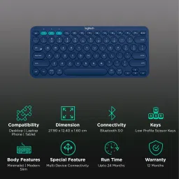 logitech K380 Bluetooth 3.0 Wireless Keyboard with Multi Device Connectivity (Low Profile Scissor Keys, Blue) image 2