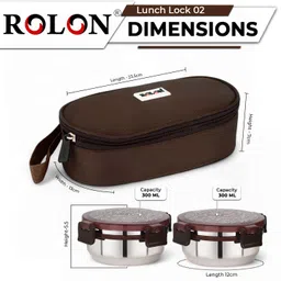 rolon Lunch Lock 2 | Brown | 2 Airtight Stainless Steel Containers | Insulated Bag 2 Containers Lunch Box image 2