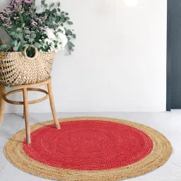 Red Geometric Jute 4 ft x 4 ft Hand Woven Carpet by HabereIndia image 3