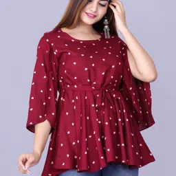 Casual Slit Sleeves Floral Print Women Maroon, White Top-image-1