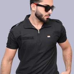 para trooper Men Solid Polo Neck Cotton Blend Black T-Shirt-picture-10