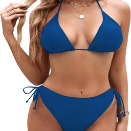 recent fashion Solid Women Bikini Blue Swimsuit image 4