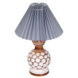 homesake Bedside Lamp with Linen Beige Lampshade, Light Brown Wooden Base, E27, Carved Ball, Pleated Grey image 4