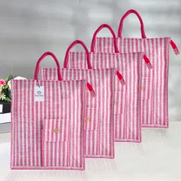 heart home Jute Lining Front Pocket Carry Shopping Bag with Handle|Medium|Pack of 4|Pink Pack of 4 Grocery Bags-picture-23
