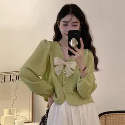 icw Casual Regular Sleeves Self Design Women Light Green Top image 4