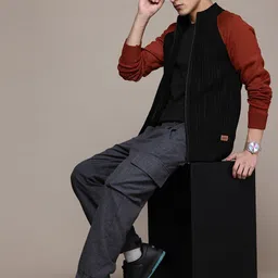 roadster Men Self Design High Neck Black Sweater image 4