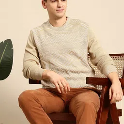 mast & harbour Men Self Design Round Neck Beige Sweater-picture-26