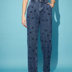 STREET 9 Women Blue Embroidered Clean Look Mom Fit High-Rise Pure Cotton Jeans-picture-27