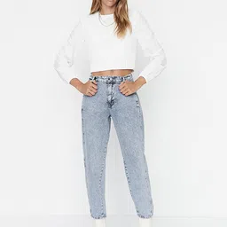 Trendyol Women Blue Heavy Fade Pure Cotton Jeans-picture-17