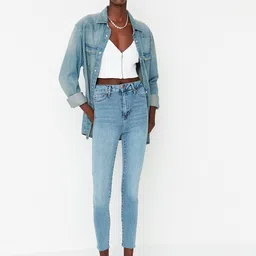 Trendyol Women Blue Heavy Fade Pure Cotton Jeans-image-94