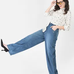 Crimsoune Club Women Blue Wide Leg Light Fade Stretchable Jeans-picture-41