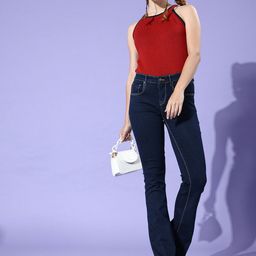 HERE&NOW Women Navy Blue Bootcut Fit Stretchable Jeans-picture-28
