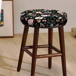 Chumbak Black & Pink Floral-Printed Round Ottomans image 1