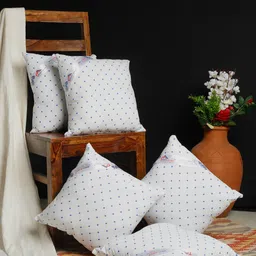 HOSTA HOMES Set Of 5 White & Blue Printed Square Cushions-picture-38