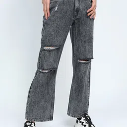 Tokyo Talkies Women Grey Straight Fit Slash Knee Heavy Fade Cropped Cotton Jeans-image-72