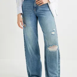 Koton Women Wide Leg Mid-Rise Mildly Distressed Heavy Fade Cotton Jeans-image-0