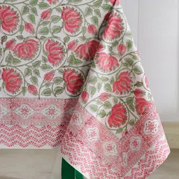 HANDICRAFT PALACE White & Pink Block Printed Pure Cotton Table Cover With 6 Pcs Napkin image 2