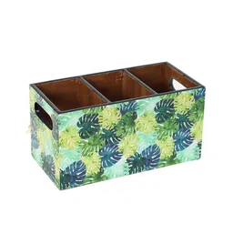 DULI Green Tropical Printed MDF Wooden Pen Stand With 3 Sections image 3