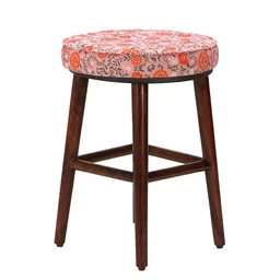 Chumbak Peach-Colored & Blue Floral-Printed Round Ottomans image 3