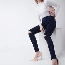 Roadster Women Navy Blue Skinny Fit High-Rise Slash Knee Jeans-image-90