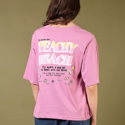 v-mart Women Printed Round Neck Cotton Blend Pink T-Shirt-picture-10