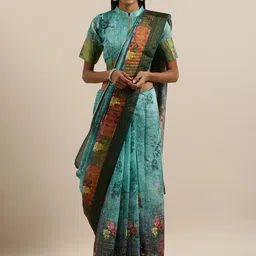 Mitera Teal Blue Floral Printed Zari Saree-image-88