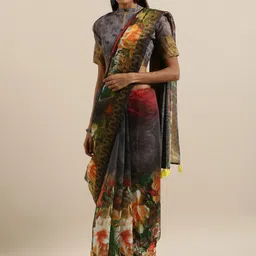 Mitera Black Floral Printed Saree-image-42