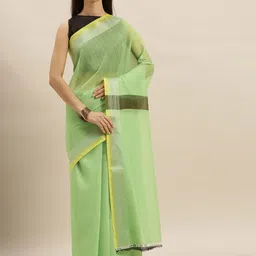 Mitera Lime Green Zari Linen Blend Saree-image-9