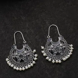 voylla Rangabati Oxidized Silver Plated Earrings Pearl Brass Hoop Earring-picture-12