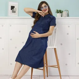 easymom Women Fit and Flare Dark Blue Midi/Calf Length Dress-picture-38