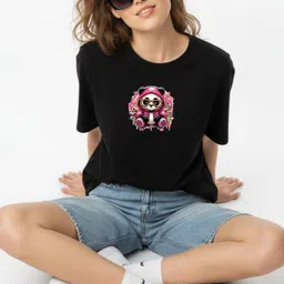 luxeape Women Printed Round Neck Cotton Blend Black T-Shirt-picture-25
