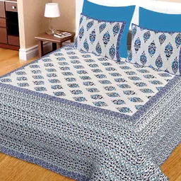 Blue Traditional 144 TC Cotton 1 Double King Size Bedsheet with 2 Pillow Covers by J.K.Enterprises image 1