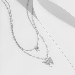 caria jewellery collection Necklaces Pendant Silver Color Shiny Butterfly Necklace Double Layer Pendant Silver Crystal Alloy Pendant image 3
