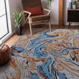 Blue Abstract Viscose 5 ft x 7 ft Hand Tufted Carpet by Saraswati Global-picture-20