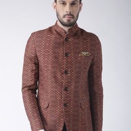 Hangup Men Brown Printed Bandhgala Polyester Blazer-picture-21