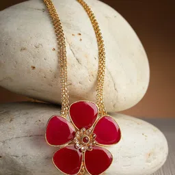 ZENEME Woman Gold Plated Red Stone Studded Flower Pendant-image-40