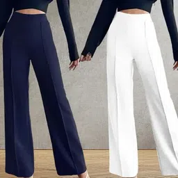 kasendra Pack of 2 Women Regular Fit Blue, White Polyester Trousers image 1