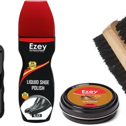 Ezey Wax Shoe Polish (Tan)+Liquid Shoe Polish (Black)+ Shoe Shiner +Twin Shoe Brush Shoe Care Kit-image-8