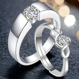 MYKI Unisex Set Of 2 Silver-Plated & CZ-Studded Couple Adjustable Finger Rings-picture-39