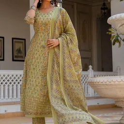Anouk Green Floral Printed Panelled Pure Cotton Anarkali Kurta With Trousers & Dupatta image 4