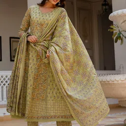 Anouk Green Floral Printed Panelled Pure Cotton Anarkali Kurta With Trousers & Dupatta image 5