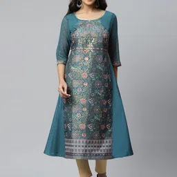AURELIA Women Blue Floral Woven Design Kurta-picture-11